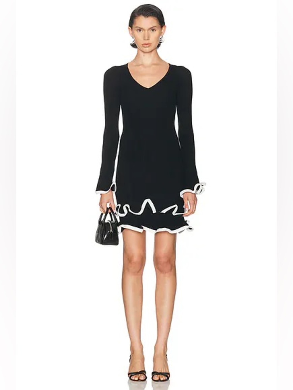 SIMKHAI Avalon Black & White Ruffle Long-Sleeve Mini Dress